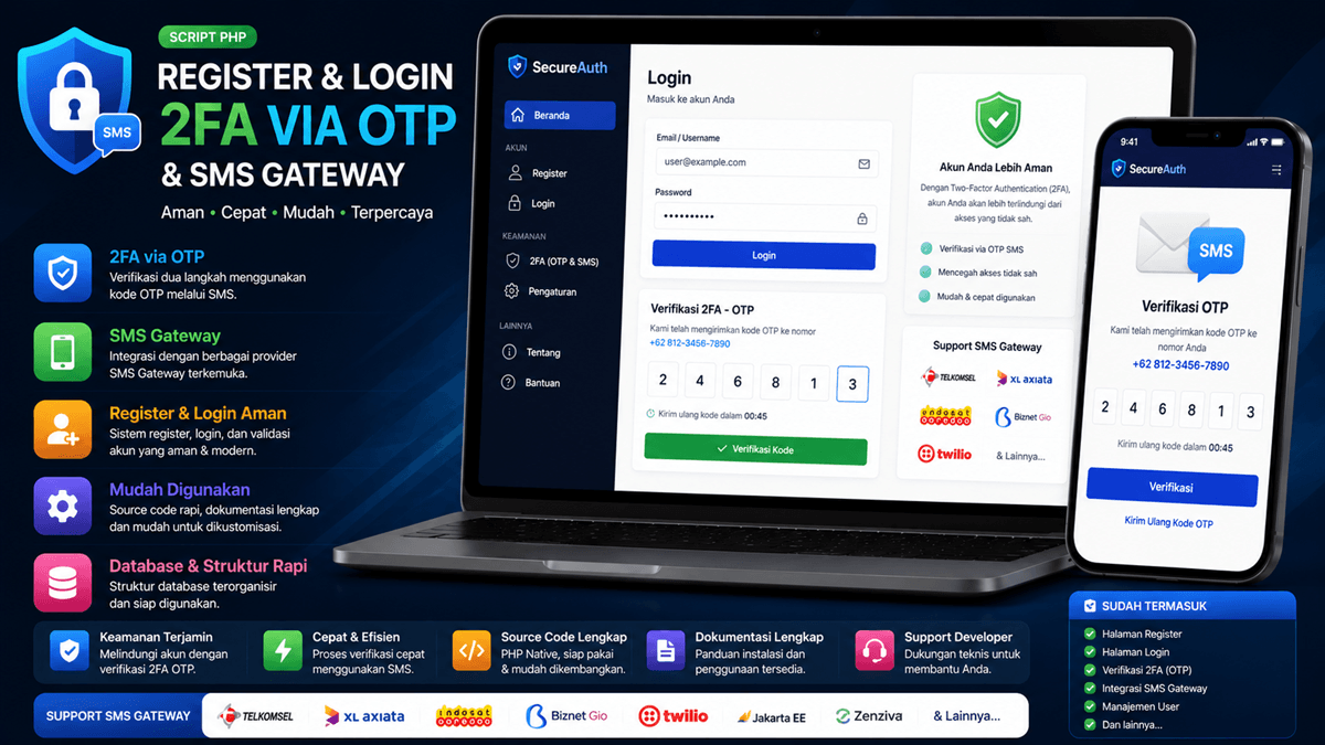 Script PHP Register & Login 2FA via OTP & SMS Gateway